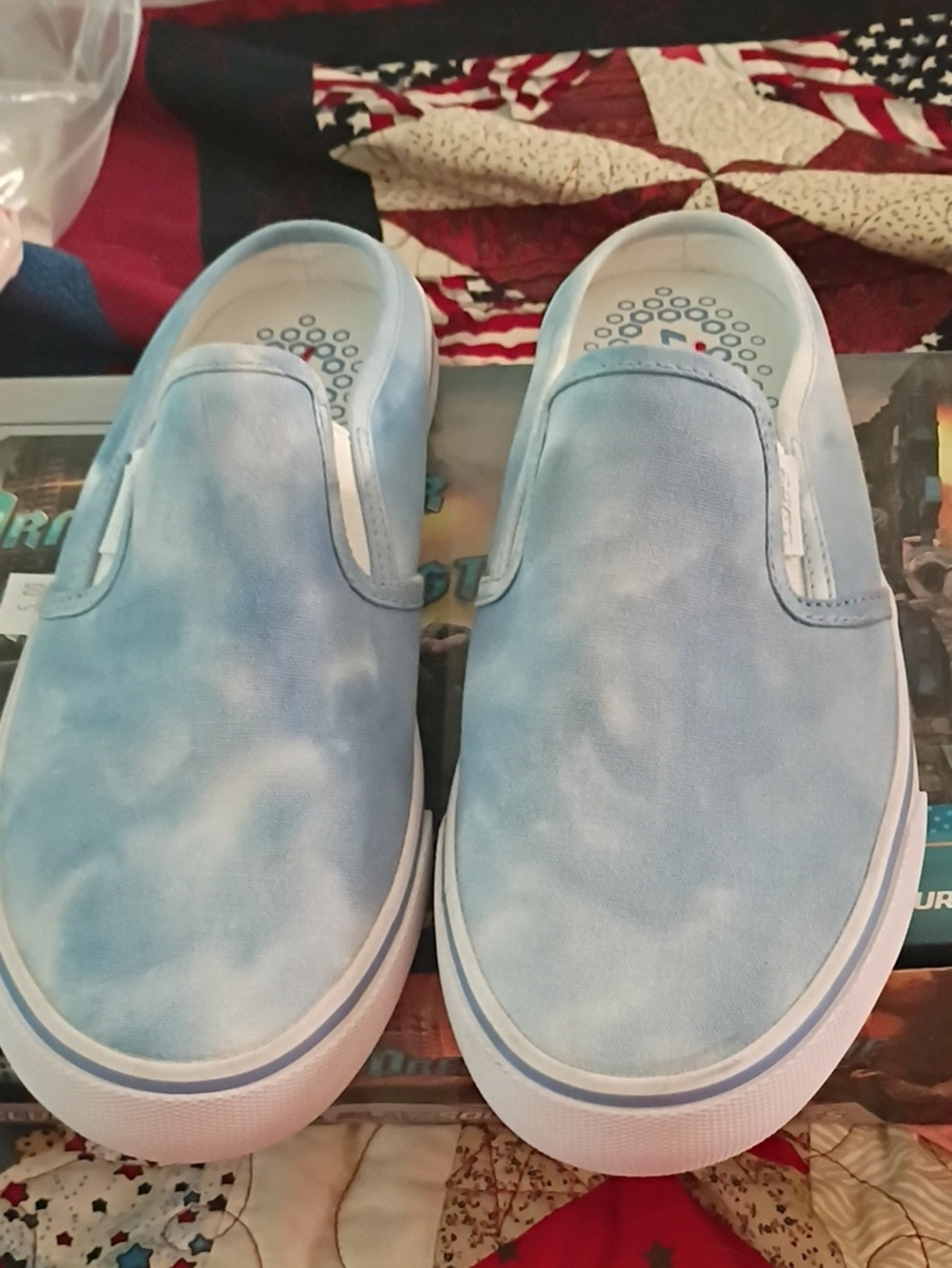 Lugz Cloudy Blue Canvas Slip-On Sneakers with Light Blue Accent and Red Detail